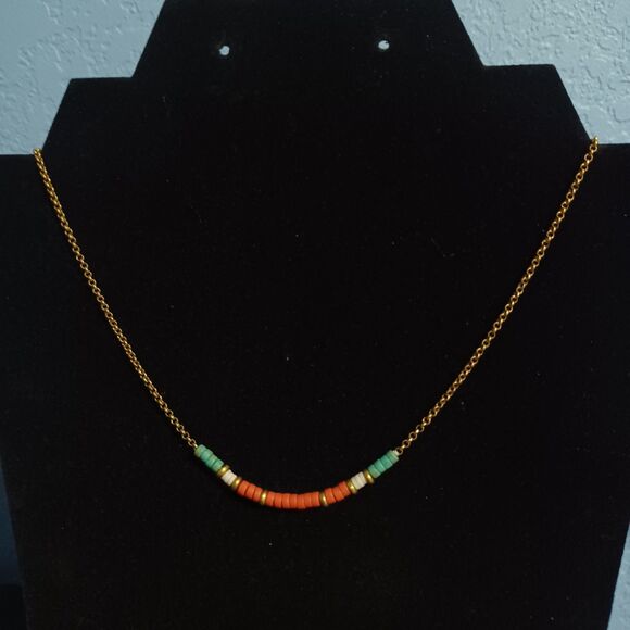 STELLA & DOT Gold-Toned Necklace w/ Pink, White, Blue Beads, 16" - Picture 1 of 3